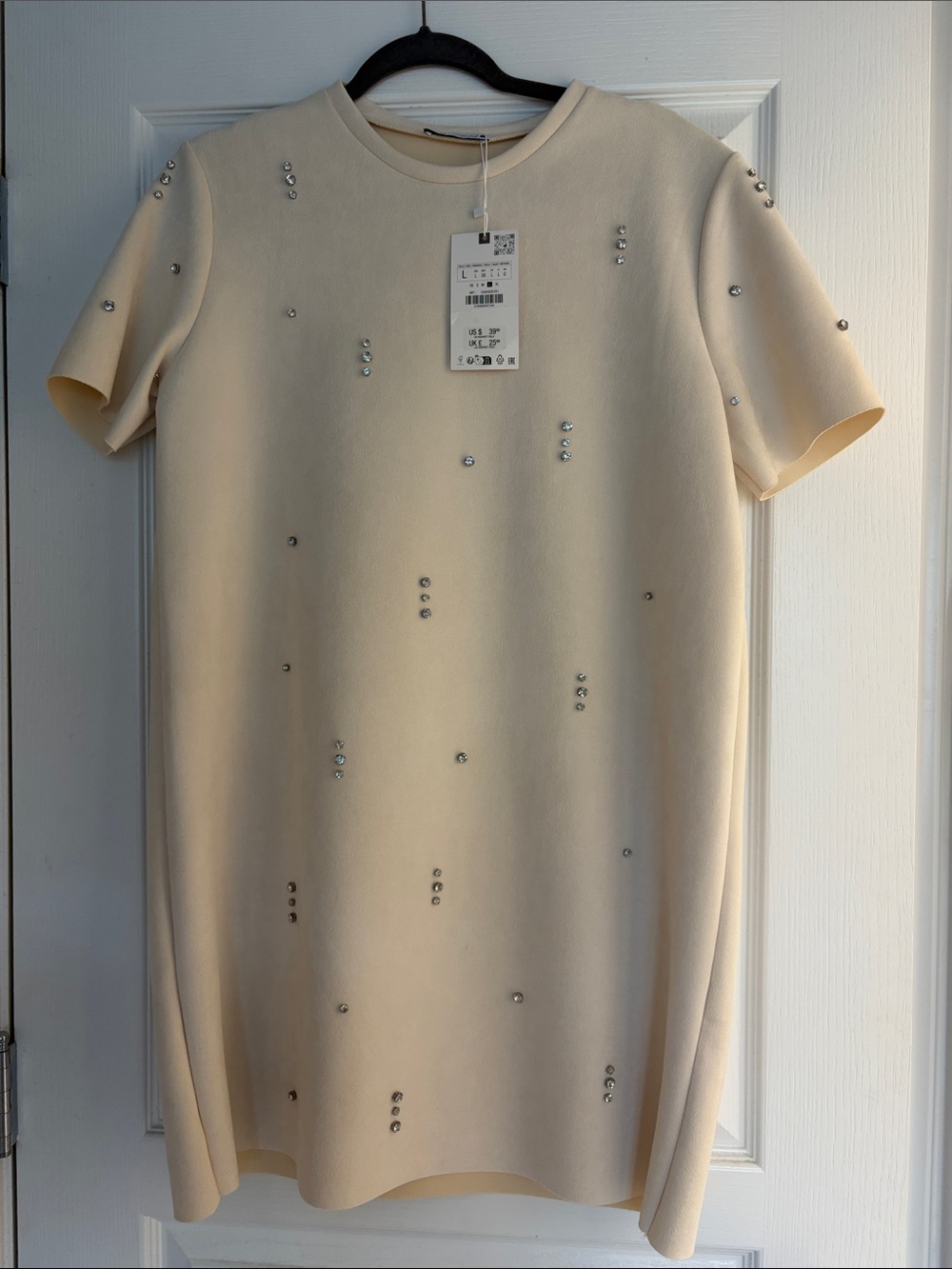 Zara Cream Short-Sleeve Crystal-Embellished Shift Dress